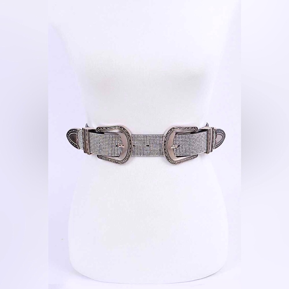 Double Buckle Silver & Black Rhinestone Western Chain Statement Belt